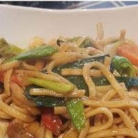 Vegetable Lo Mein · Soft noodle with assorted vegetables in a brown sauce.