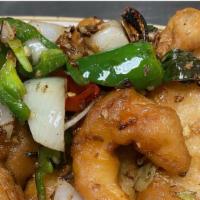 Salt And Pepper Triple · Fried fish fillet, shrimp and squid sauteed with salt, pepper and jalapeno.