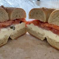 Ken'S Favorite Sandwich · Sliced smoked salmon, plain cream cheese, tomato, red onion, and capers.