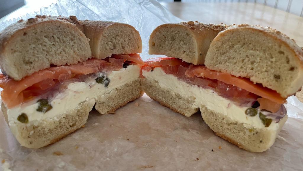 Ken'S Favorite Sandwich · Sliced smoked salmon, plain cream cheese, tomato, red onion, and capers.