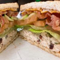 Chicken Salad Club · Chicken salad (house or classic), cheddar, bacon, romaine and tomato.