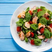 Greek Salmon Salad · Arcadian Mix with Sea Fresh Salmon, Cucumber, Heirloom Tomato, Tasteful Green Bell Pepper, K...