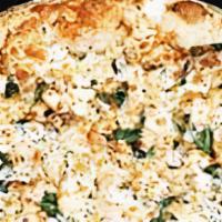 Chicken Alfredo Pizza · Grilled marinated chicken breast, mushrooms in creamy alfredo sauce, topped with special ble...