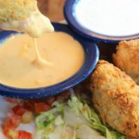 Fried Jalapeños · Deliciously warm and crunchy, bursting with melted cheese, and sure to fire you up! Served w...