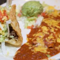 Combination #2 · One enchilada, crispy beef taco and guacamole.