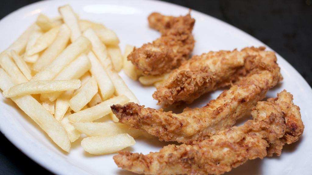 Chicken Tenders · Four hand battered chicken tenders, fried golden brown. Served with French fries and your choice of BBQ Sauce, Honey Mustard, Ranch, or Gravy.
