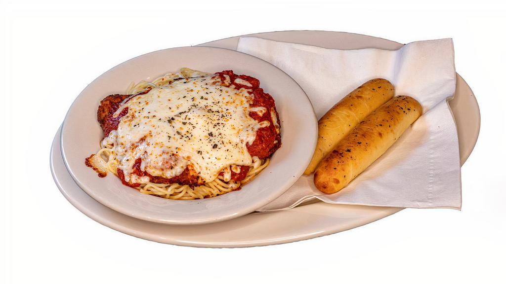 Chicken Parmesan Pasta · Spaghetti noodles, Parmesan chicken covered with marinara sauce. A la carte served with 2