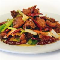 Stir Fried Spicy Chicken / 干煸土鸡 · Hot and spicy. Contain peppercorn.