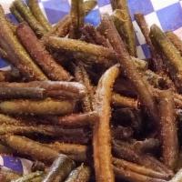 Small Green Fries · Greenbeans lightly blanched in hot oil.