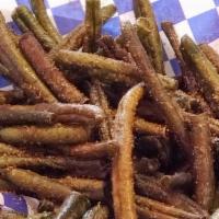 Large Green Fries · Greenbeans lightly blanched in hot oil.