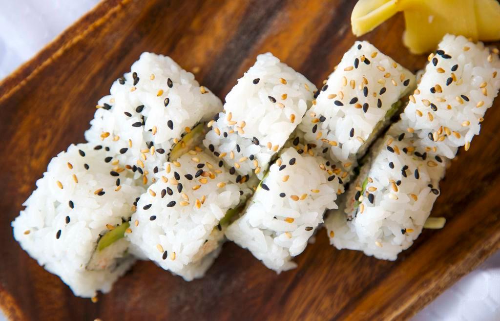 California Roll · Our original rock crab and krab mix, avocado and cucumber topped with sesame seeds.

Roll is COOKED
