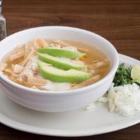 Tortilla Soup · Delicious chicken broth cooked with our special recipe, topped with crispy corn tortillas st...
