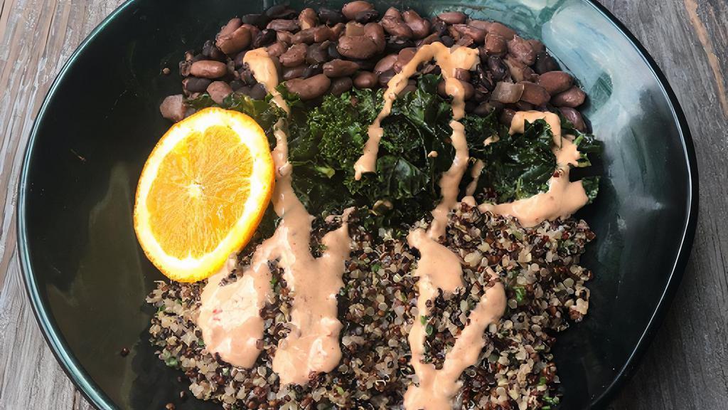 Monks Bowl · Simple bowl. Bold Taste! Whole beans, quinoa tabouli, and kale salad topped with our homemade chipotle mayo.