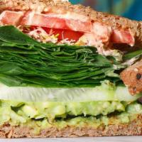 Classic Sandwich · Avocado, cucumbers, sprouts, sesame seeds, spinach, sliced tomato, with chipotle mayo on who...