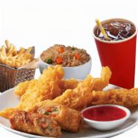 #1) 4 Finger Meal · 4 piece Chicken Fingers, Rice or Fries, Eggroll, Large fountain drink & 1 dipping sauce.