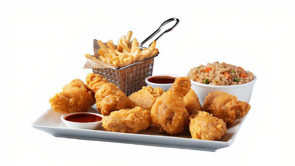 10 Wings · 10 crispy chicken wings. Includes 2 dipping sauces. Served with or without sides. Make it a combo by adding a side of rice or fries to your chicken order.