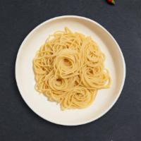 Byo Spaghetti · Fresh spaghetti pasta cooked with your choice of sauce, veggies, and meats, topped with blac...