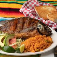 Mojarra Frita · Served with 2 sides of either rice, salad, beans, or fries and comes with bread
