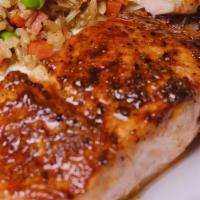 Pan  Seared Salmon Steak · Pan Seared Salmon Steak served with Fried Rice & Salads