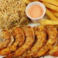 7 Jumbo Grilled Shrimp · Comes with 2  sides and a roll.