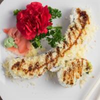 Crunch Roll · Snow crab, avocado inside, and crunch flakes on top, eel sauce.