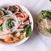 Seafood Soup · Shrimp, squid, fish, surimi, claims, and fish balls.