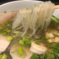 Clear Noodle Soup With Shrimp And Pork · Clear noodle (also called glass noodle) in beef broth with 5 jumbo shrimps sliced steamed po...