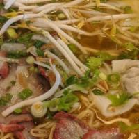Wonton Soup With Egg Noodle – Mì Hoành Thánh · Seasoned ground pork and shimp wrapped in wonton skin, bbq pork.
