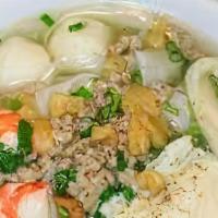 Seafood Noodle Soup – Hủ Tiếu Hải Sản · Shrimp, squid, scallop, and kcab stick.