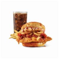 Big Bacon Cheddar Chicken Sandwich Combo · A juicy, lightly breaded chicken breast covered in creamy cheddar cheese and bacon jam, topp...