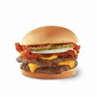 Bacon Double Stack · Two fresh, never-frozen beef patties, Applewood smoked bacon, cheese, ketchup, mustard, pick...