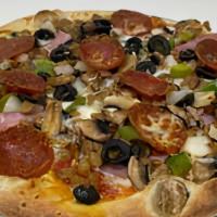 Joe'S Special Supreme · Pepperoni, sausage, Canadian bacon, hamburger, black olives, onion, bell pepper, and mushroo...