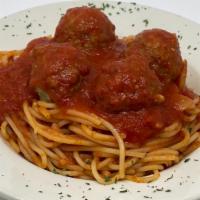 Spaghetti · Choice of meatball meat sauce or sausage. it comes with salad by the way :)