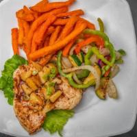Tiki Grilled Chicken Plate · Teriyaki grilled 8oz chicken breast topped with sweet chili sauce, and pineapple. Served wit...