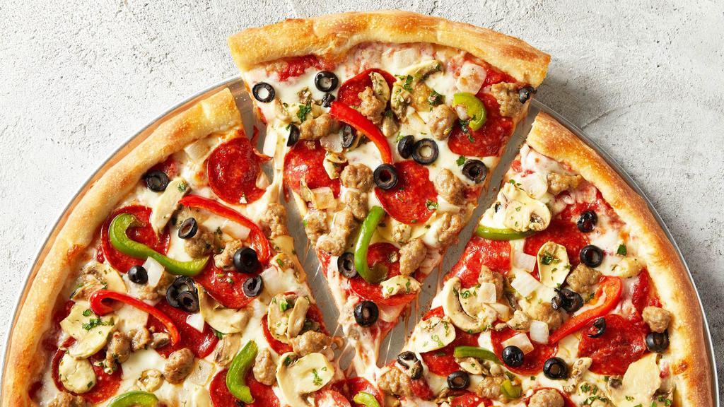 Supremo Pizza · Tomato sauce, pepperoni, Italian sausage, roasted mushrooms, yellow onions, green and red peppers, black olives and mozz.