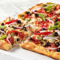 Veggie Pizza · Tomato sauce, roasted mushrooms, spinach, red onions, green and peppers, black olives, slice...