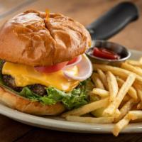 Saucer Burger · Black Angus beef, mustard, mayonnaise, red onion, lettuce, tomato, and pickle. Topped with p...