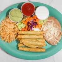 Flautas · Recommended. Six flautas with rice, beans, and lettuce. It comes with guacamole, sour cream,...
