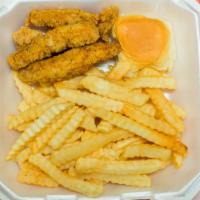 Chicken Tenders 4Pc Bkt · Served with seasoned fries and dinner roll.