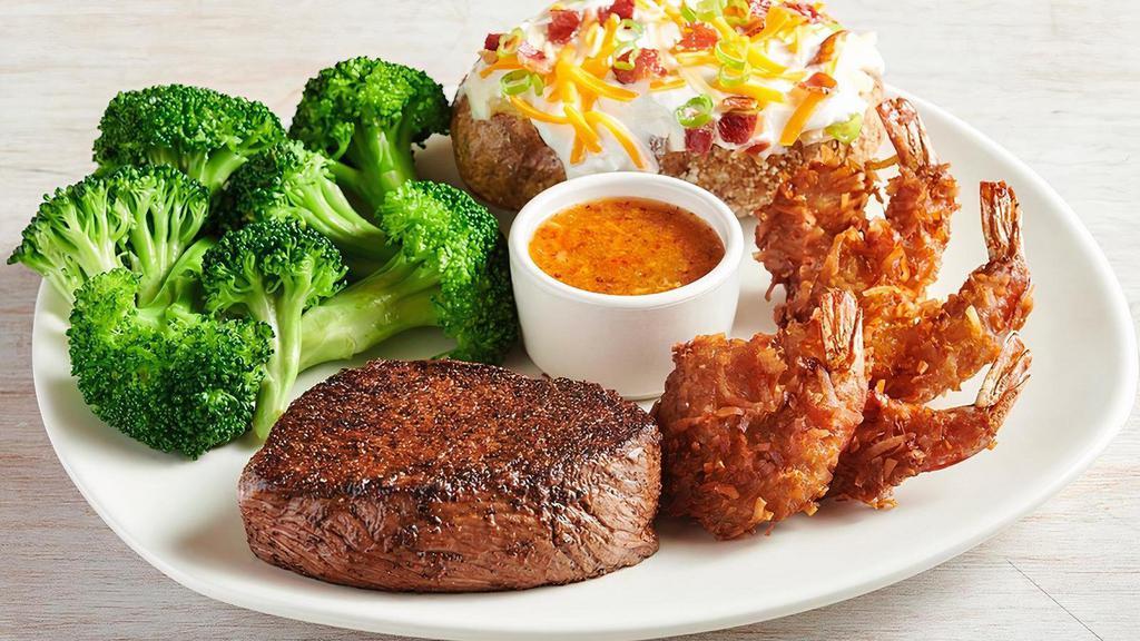 Sirloin & Coconut Shrimp · Our signature 8oz  center-cut sirloin with Grilled Shrimp on the Barbie or Coconut Shrimp. Served with two freshly made sides.