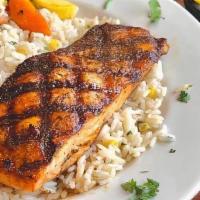 Wood Grilled Salmon · Wild-caught grilled salmon served.  with coastal rice and grilled.  vegetables.
