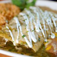 San Antonio Enchilada Trio · Three great flavors! Chicken enchilada verde, sour cream chicken enchilada and a Tex Mex bee...