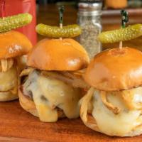Cheese Burger Sliders · Trio of kobe beef mini burgers, melted cheddar, swiss & pepper jack cheese, topped with hayt...