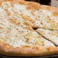 Snow White Roman Style Pizza · Very thin crust. House-made mozzarella, ricotta, oregano, garlic and olive oil. No sauce. Se...