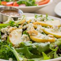 Olivella Salad · Mixed greens, gorgonzola, pear, and walnut.