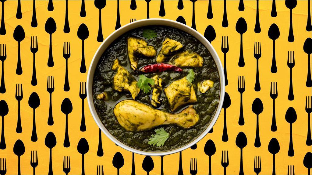 Chicken Saag · Tender chicken pieces slowly cooked in a rich spinach sauce. Served with a portion of aromatic basmati rice.