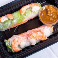 Shrimp Spring Rolls (2) · Wrapped with rice vermicelli, organic arugula, bean sprouts, carrots.