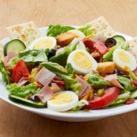 Chef Salad  · Cal. 230. Lettuce mix, ham, black olives, green peppers, red onions, cheddar cheese, fresh t...