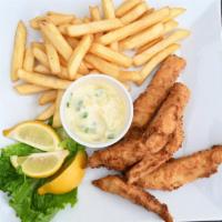Fish And Chips · Hand-battered catfish filet, deep-fried and served with french fries and tartar sauce.