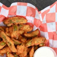 Jalapeño Toothpicks · Lightly breaded strips of jalapeños, fried and served with ranch.